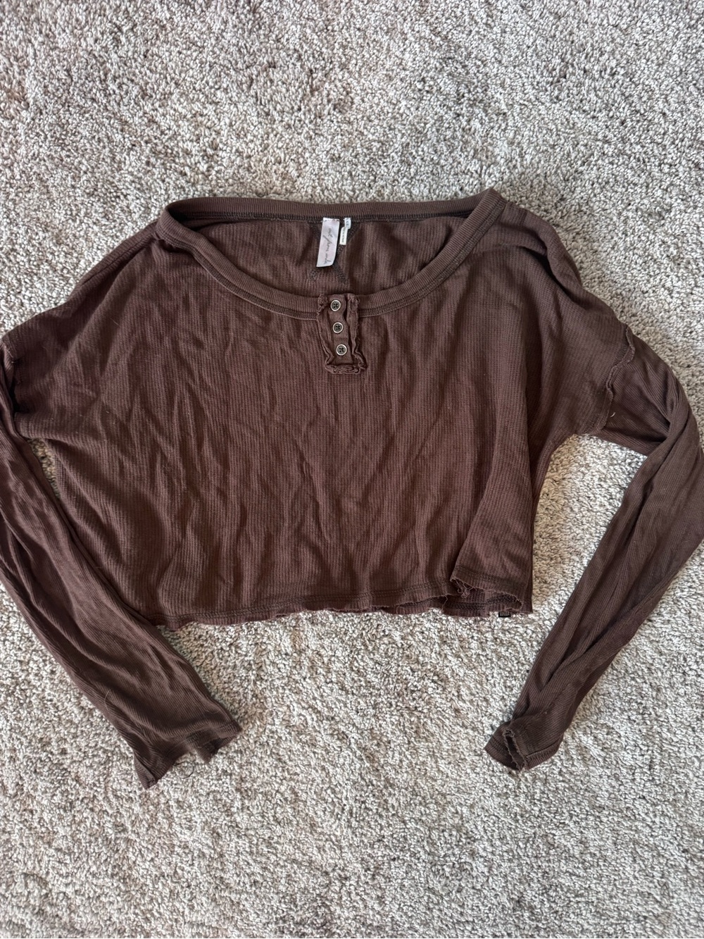 Urban Outfitters Brown Cropped Ribbed Henley Long-Sleeve Top